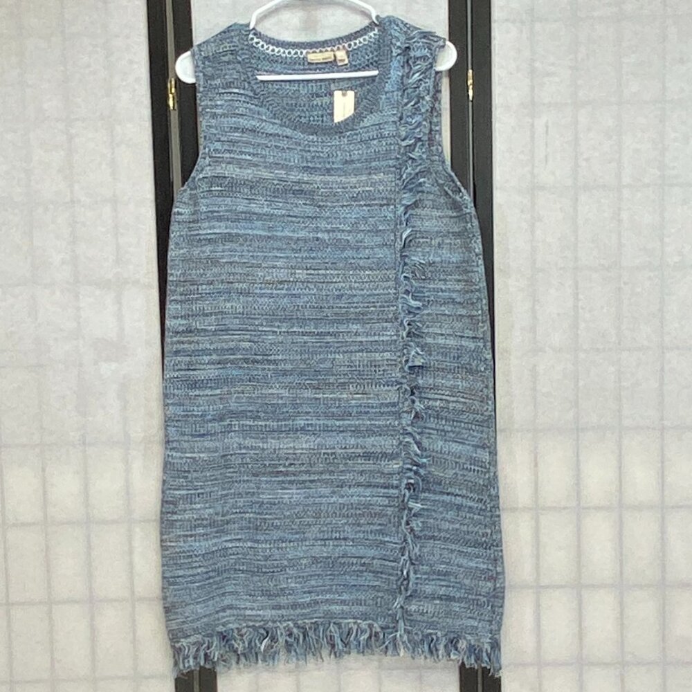 Holding Horses Anthropology Fringe Knit Shift Dress Blue L Sleeveless Woven NEW